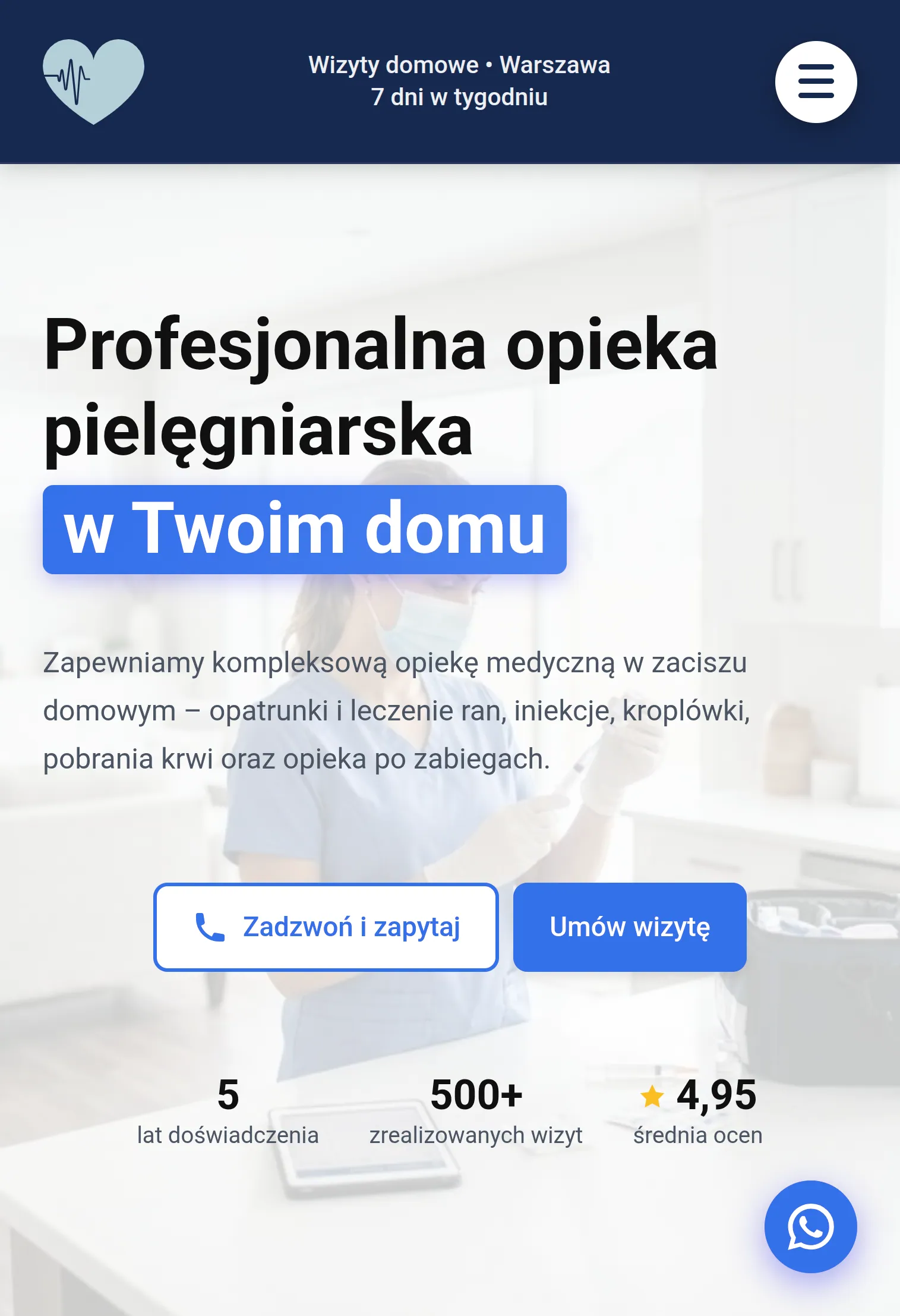 Strona firmy Pielęgniarki do domu — nagłówek „Profesjonalna opieka pielęgniarska w Twoim domu”, zdjęcie pielęgniarki przygotowującej iniekcję i liczniki: 5 lat doświadczenia, ponad 500 wizyt, ocena 4,95.